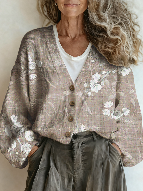 Boho Loose Floral V Neck Cardigan