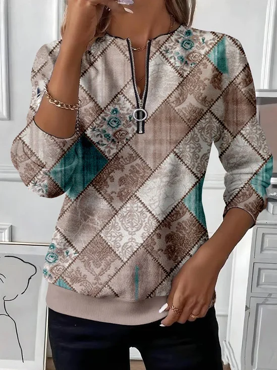 Women's Floral Print Casual Zipper Neck Long Sleeve Sweatshirt