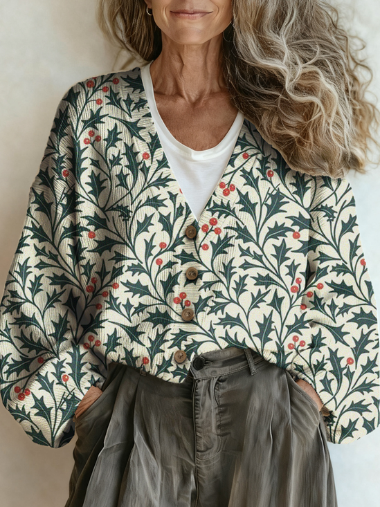 Loose Casual Leaf V Neck Cardigan