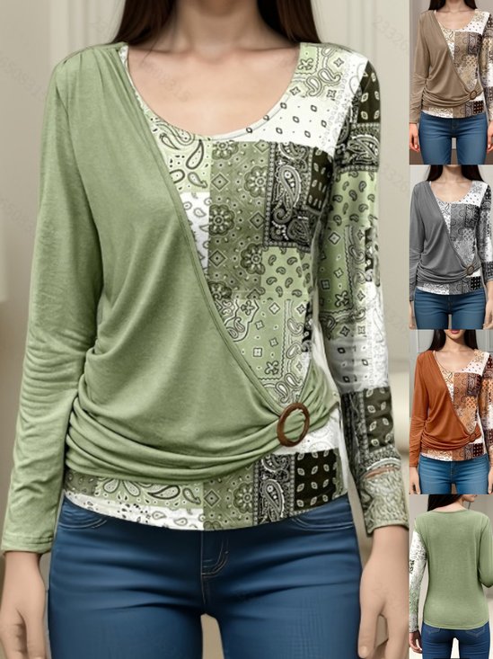 Women's Long Sleeve T-shirt Spring/Fall Green Geometric Printing Crew Neck Daily Going Out Vintage Top