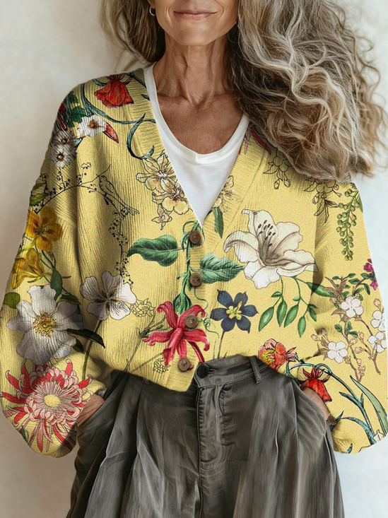 Floral Loose Casual V Neck Cardigan