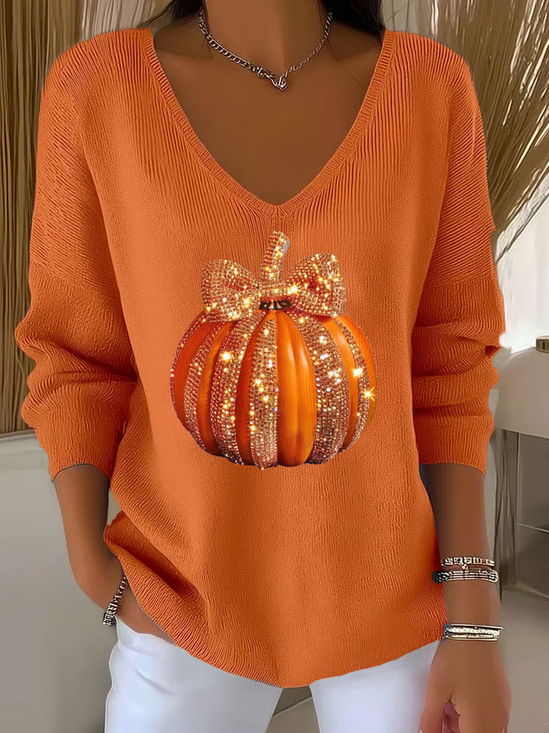 Women's Long Sleeve T-shirt Spring/Fall Orange Halloween (pumpkin) Printing V Neck Daily Going Out Casual Top