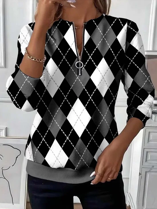 Women's Plaid Print Casual Zipper Collar Long Sleeve Sweatshirt