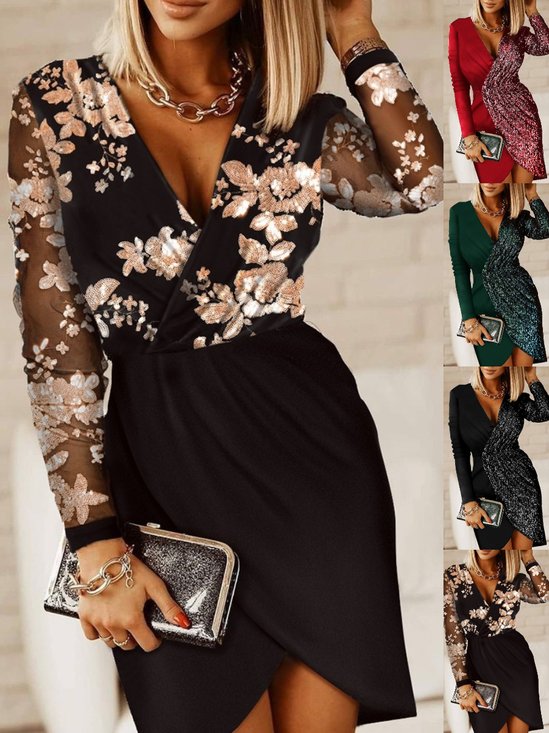 Women's Long Sleeve Spring/Fall Black-white Plain Split Joint V Neck Daily Going Out Casual Mini A-Line Hip Skirt Dress