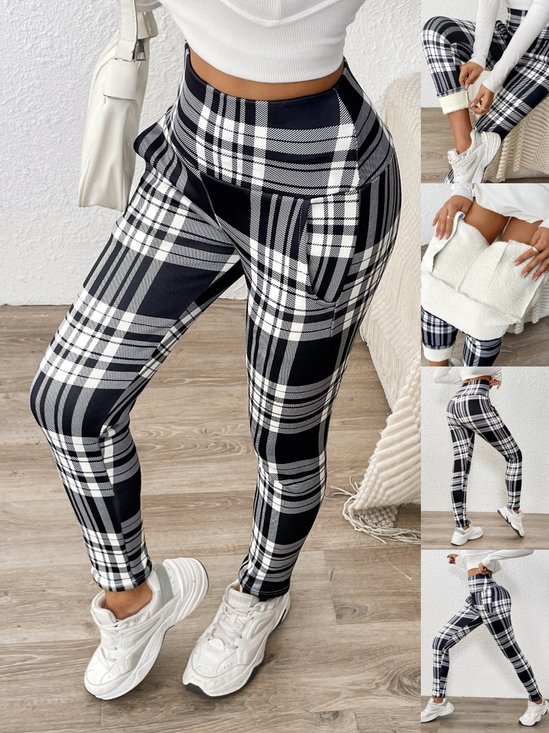Printing Casual Plaid Extra Thick Lambskin Printed Leggings for Women Winter Plus Velvet Thickened Outerwear Pockets High Waist Warm Cotton Leggings