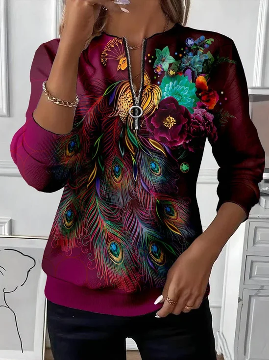 Women's Floral Print Casual Zipper Neck Long Sleeve Sweatshirt
