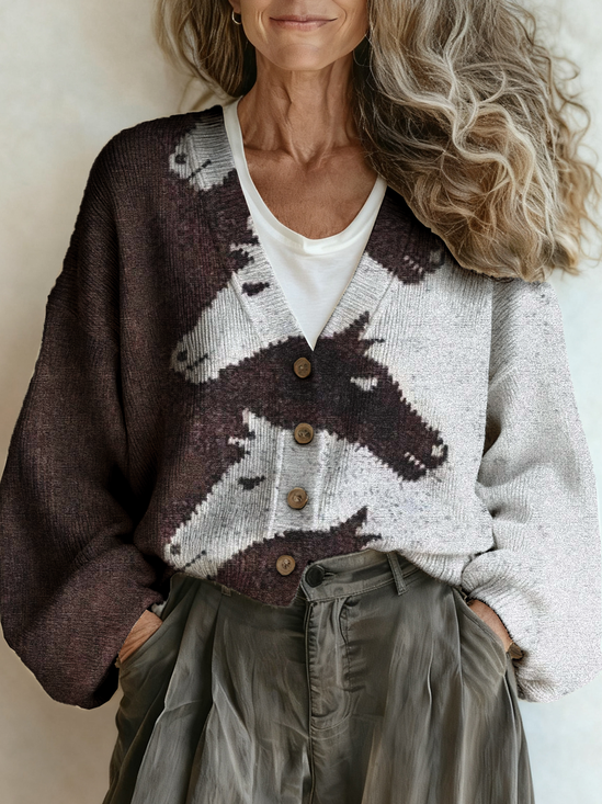Multicolor Block V Neck Western Style Loose Cardigan