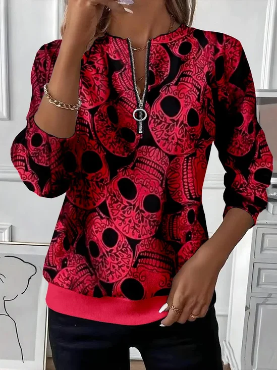 Women's Halloween Skull Print Casual Zipper Neck Long Sleeve Sweatshirt