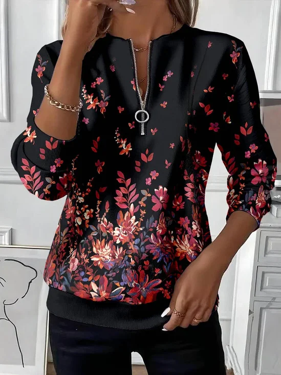Women's Floral Print Casual Zipper Neck Long Sleeve Sweatshirt