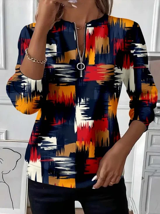 Women's Abstract Print Casual Zipper Neck Long Sleeve Sweatshirt