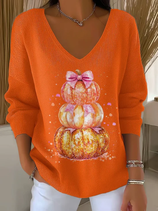 Women's Long Sleeve T-shirt Spring/Fall Orange Halloween (pumpkin) Printing V Neck Daily Going Out Casual Top
