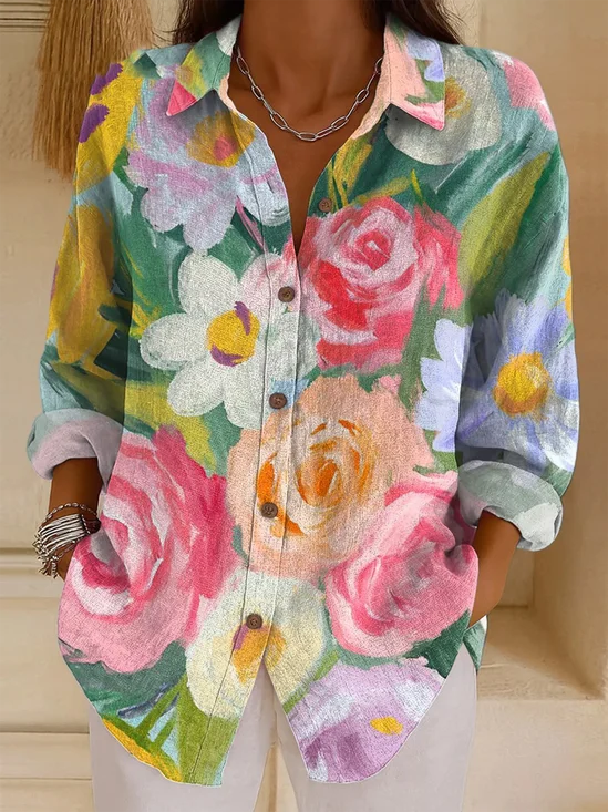 Loose Vintage Floral Shirt Collar Shirt