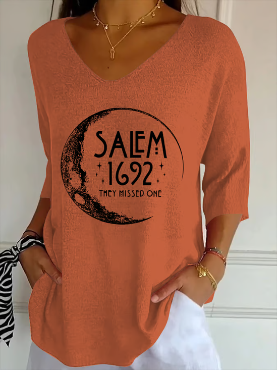Women's Three Quarter Sleeve T-shirt Spring/Fall Orange Halloween Salem 1692 The Missed One Printing V Neck Daily Going Out Casual Top