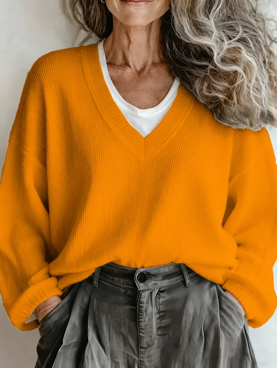 Plain Vintage V Neck Loose Sweater