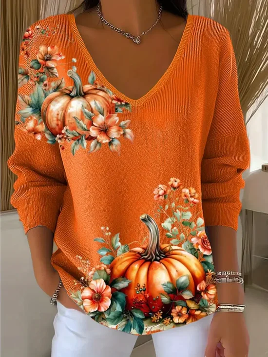 Women's Long Sleeve T-shirt Spring/Fall Orange Halloween (pumpkin) Printing V Neck Daily Going Out Casual Top