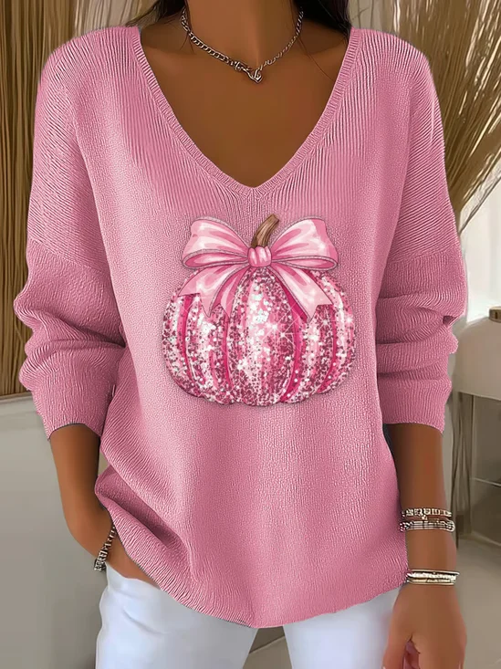 Women's Long Sleeve T-shirt Spring/Fall Pink Halloween (pumpkin) Printing V Neck Daily Going Out Casual Top