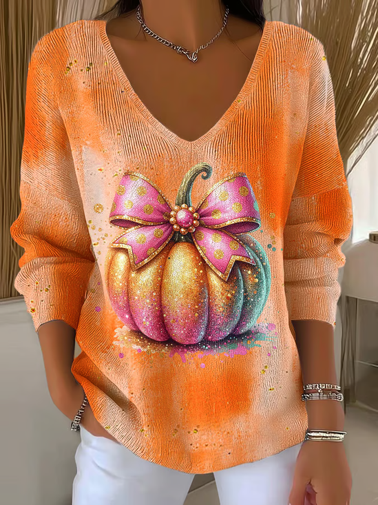 Women's Long Sleeve T-shirt Spring/Fall Orange Halloween (pumpkin) Printing V Neck Daily Going Out Casual Top