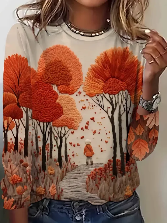 Women's Long Sleeve T-shirt Spring/Fall Apricot Tree Printing Jersey Crew Neck Daily Going Out Casual Top