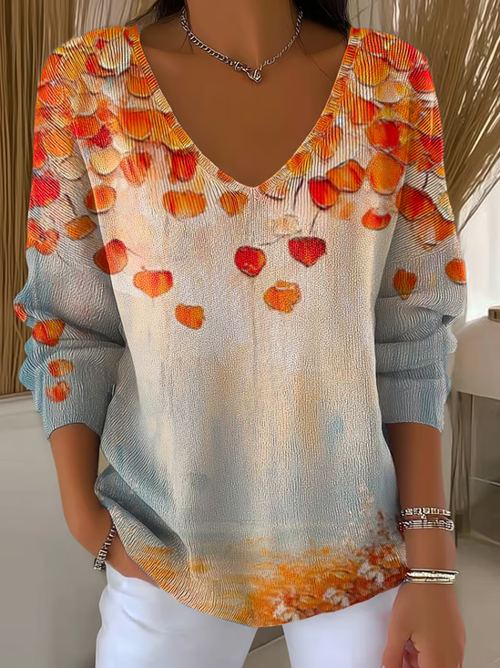 Women's Long Sleeve T-shirt Spring/Fall Orange Maple Leaf Printing V Neck Daily Going Out Casual Top