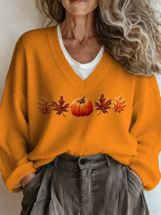 Loose Pumpkin Pattern Casual V Neck Sweater