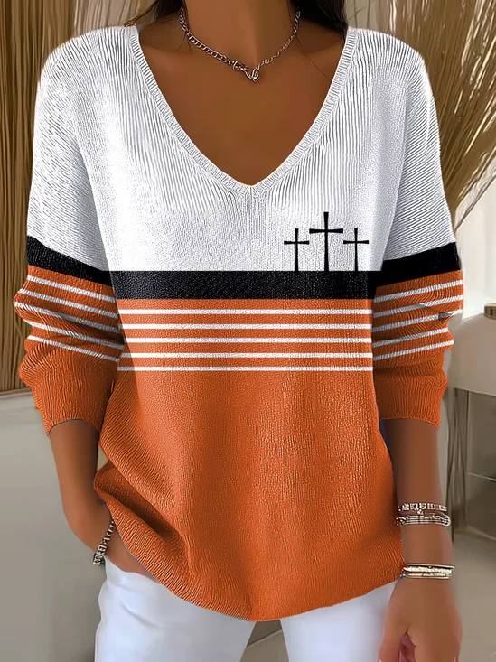 Women's Long Sleeve T-shirt Spring/Fall Orange Multicolor Block Printing V Neck Daily Going Out Casual Top