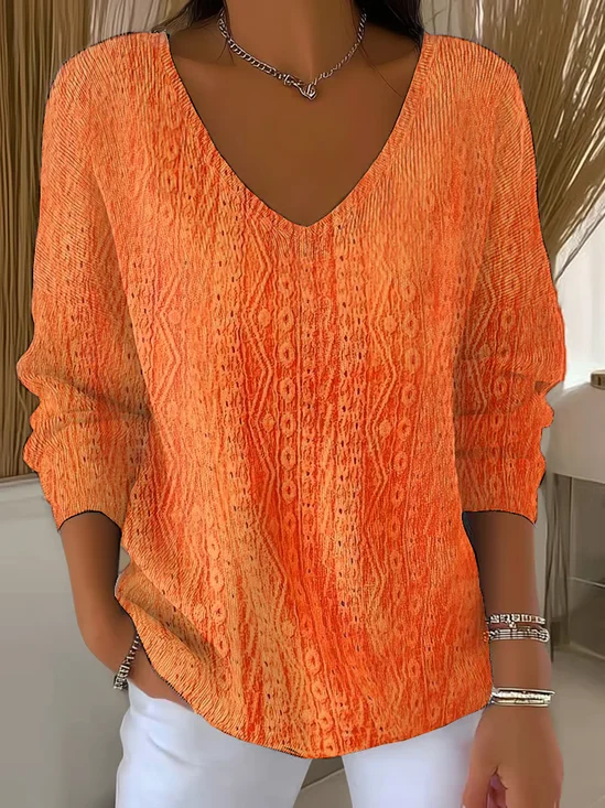 Women's Long Sleeve T-shirt Spring/Fall Orange Abstract Printing V Neck Daily Going Out Casual Top