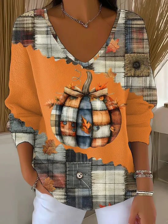 Women's Long Sleeve T-shirt Spring/Fall Orange Halloween (pumpkin) Printing V Neck Daily Going Out Casual Top