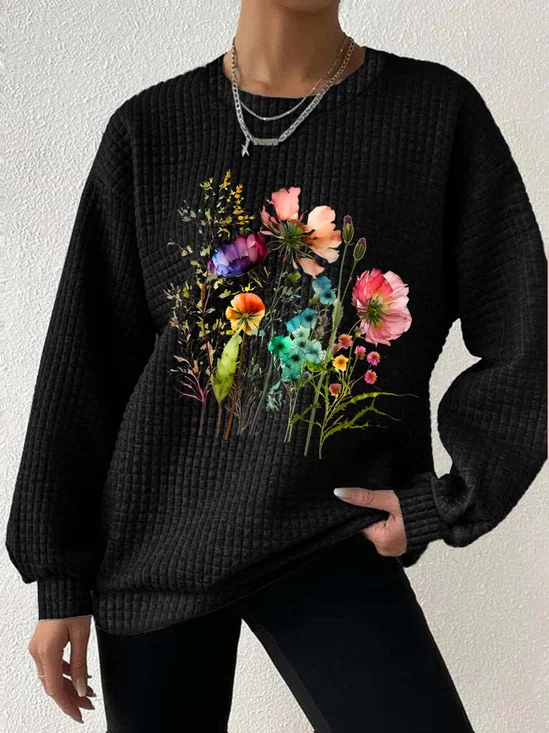 Women's Floral Print Crew Neck Waffle Sweatshirt