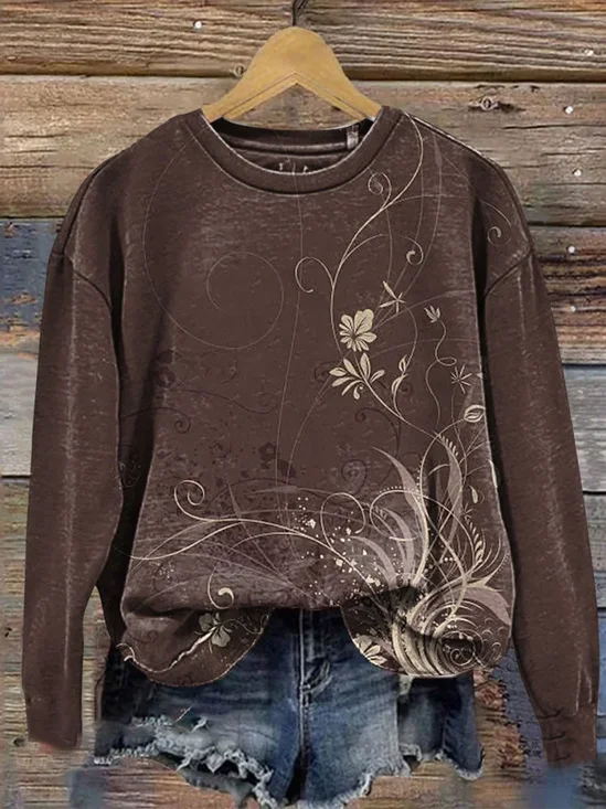 Crew Neck Casual Floral Printing Sweatshirt