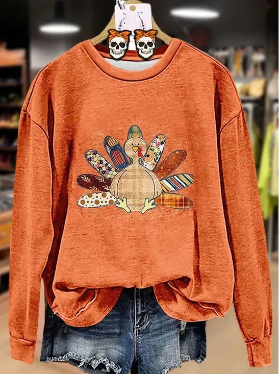 Women's Turkey Print Thanksgiving Crew Neck Sweatshirt