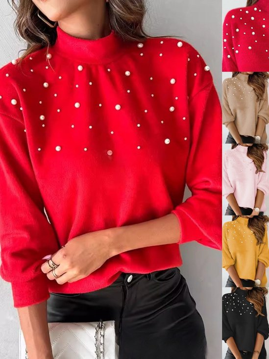 Simple Printing Beaded Turtleneck Sweater