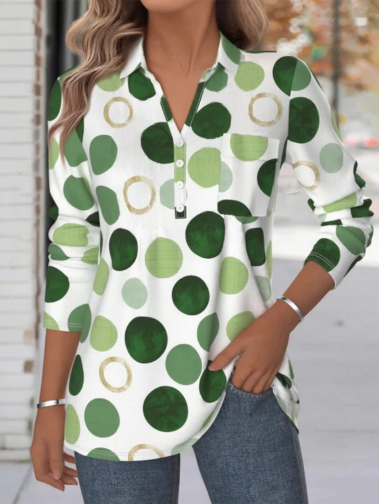Women's Geometric Pattern Patch Pocket Long Sleeve Shirt Loose and Comfortable Regular Top
