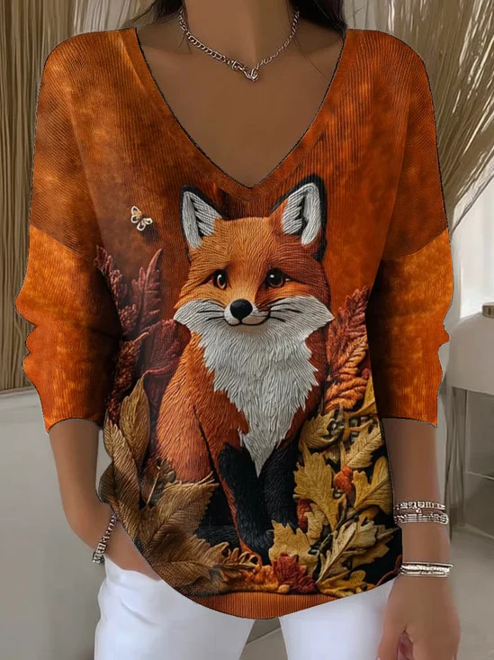 Women's Long Sleeve T-shirt Spring/Fall Brown Maple Leaf Printing V Neck Daily Going Out Casual Top