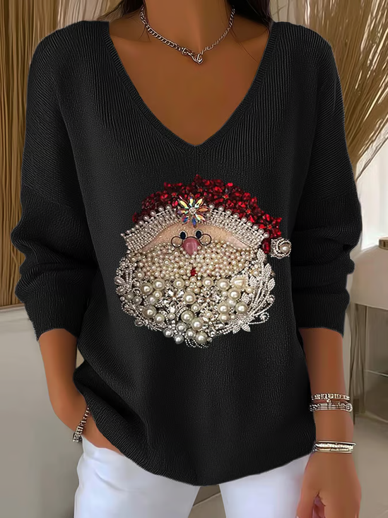 Women's Long Sleeve T-shirt Spring/Fall Black Christmas Printing V Neck Daily Going Out Casual Top