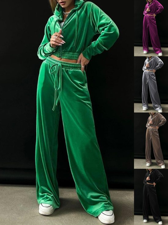 Women's Split Joint Plain Daily Going Out Two-Piece Set Green Casual Spring/Fall Top With Pants Matching Set