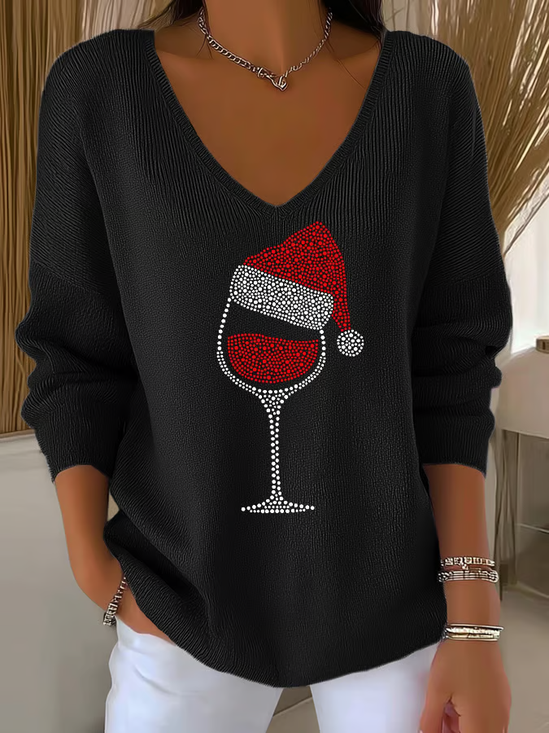 Women's Long Sleeve T-shirt Spring/Fall Black Christmas Printing V Neck Daily Going Out Casual Top