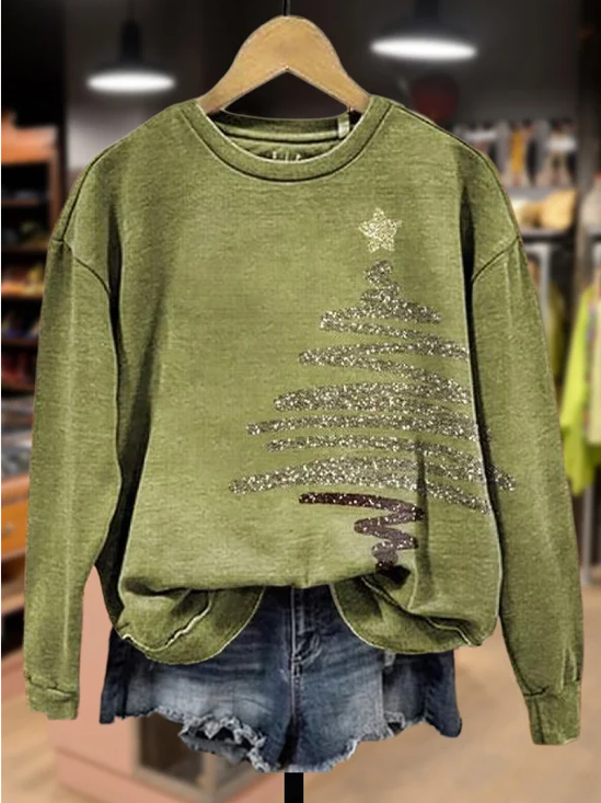 Casual Crew Neck Printing Christmas Tree Sweatshirt