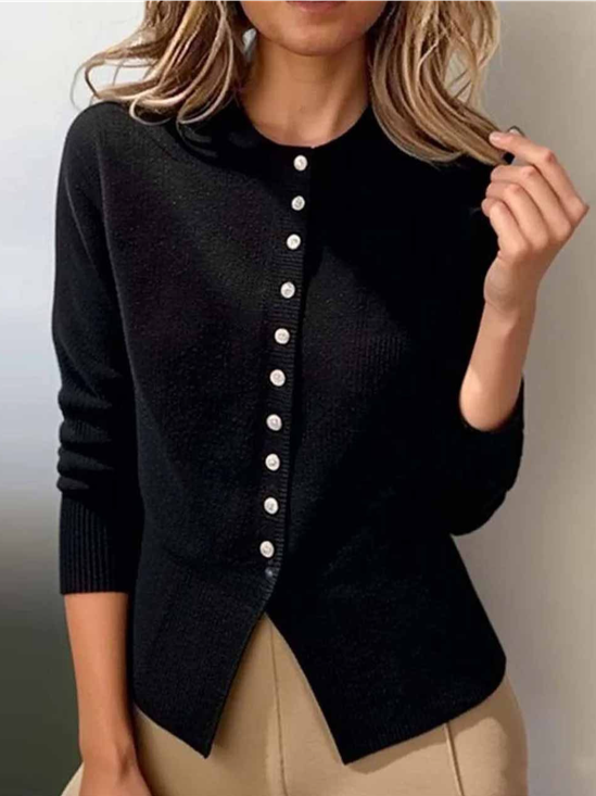 Crew Neck Simple Plain Regular Fit Cardigan