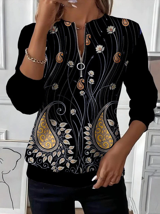 Women's Floral Print Casual Zip-Up Long Sleeve Sweatshirt