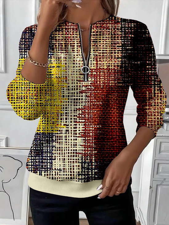 Women's Abstract Print Casual Zip-Up Long Sleeve Sweatshirt