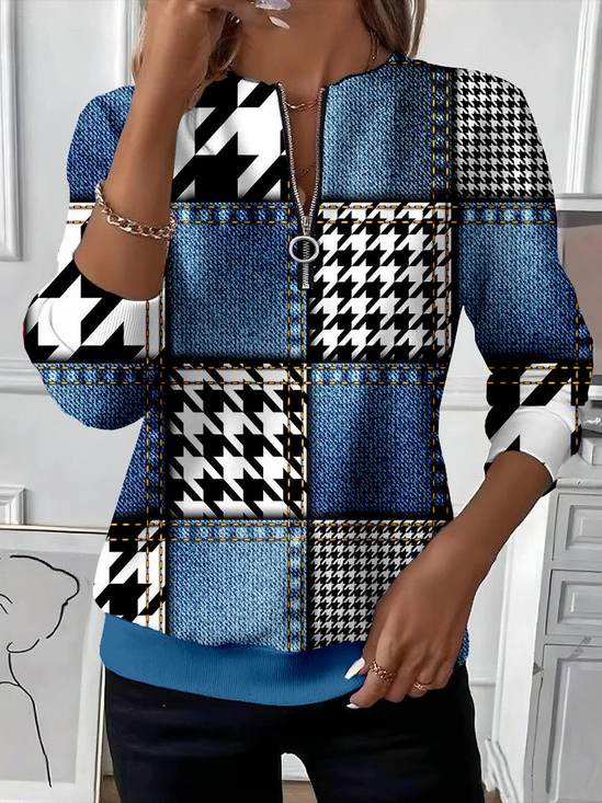Women's Houndstooth Faux Denim Print Casual Zipper Long Sleeve Sweatshirt