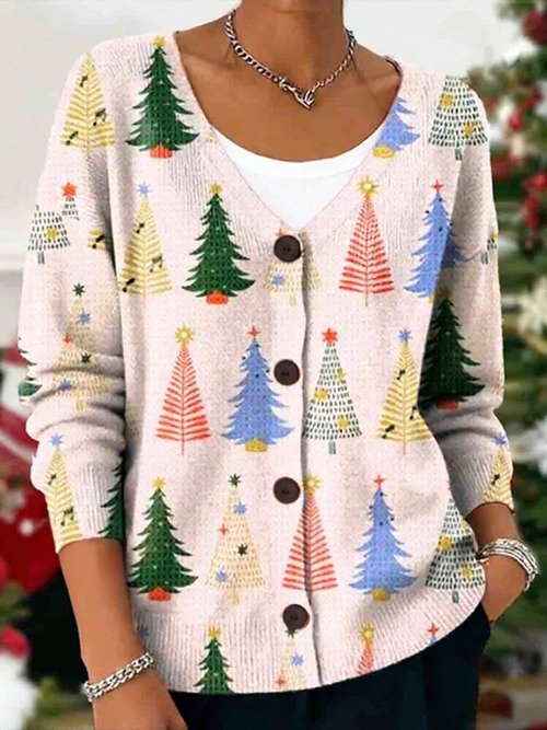 Women's Christmas Tree Printed Casual Long Sleeve V-Neck Knitted Button Cardigan