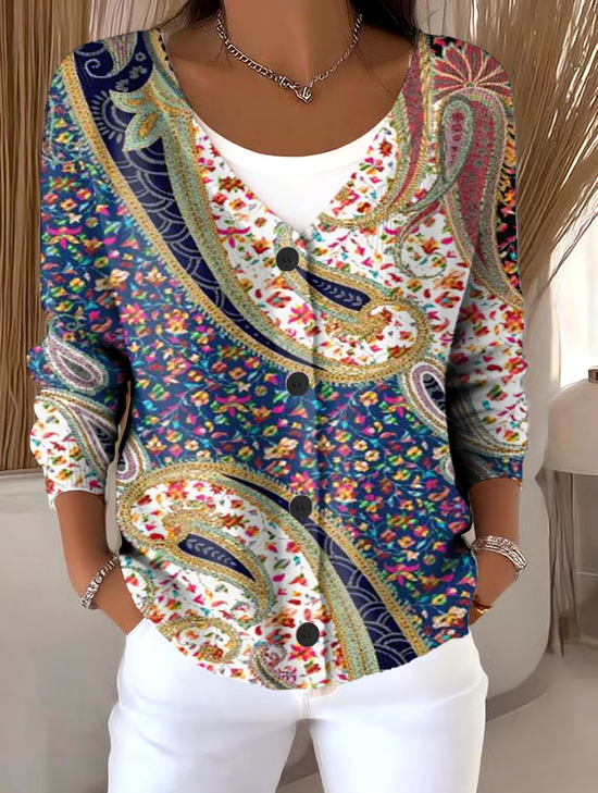 Casual V Neck Ethnic Geometry Cardigan