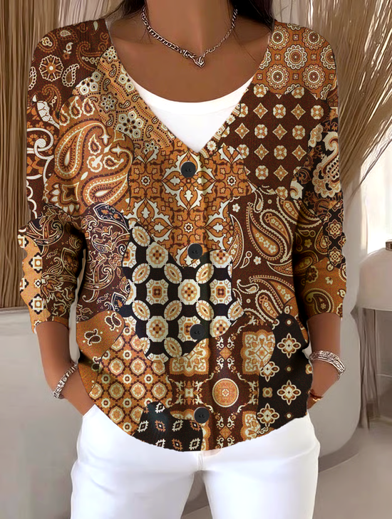 Casual V Neck Loose Geometric Cardigan