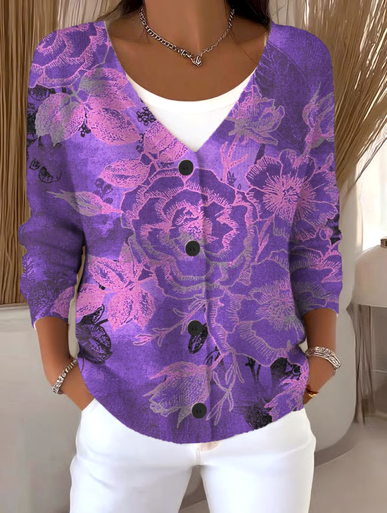 Loose Floral Casual V Neck Cardigan