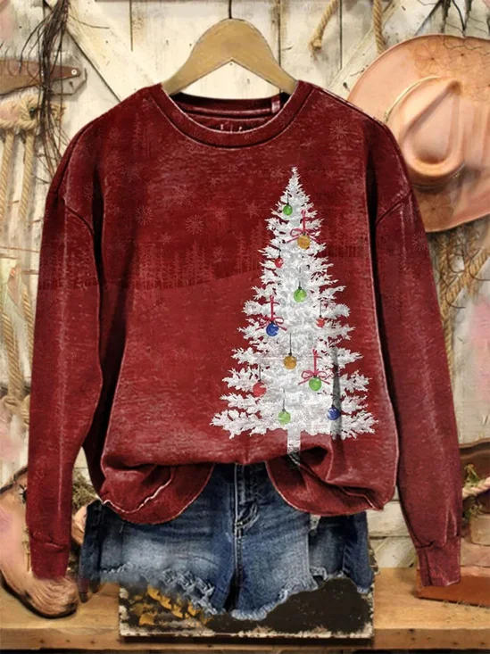 Casual Crew Neck Printing Christmas Tree Sweatshirt