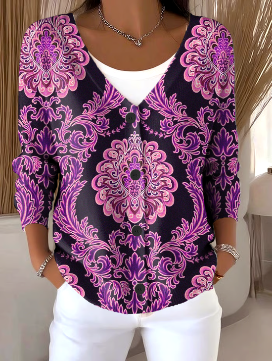 Loose Floral V Neck Vintage Cardigan