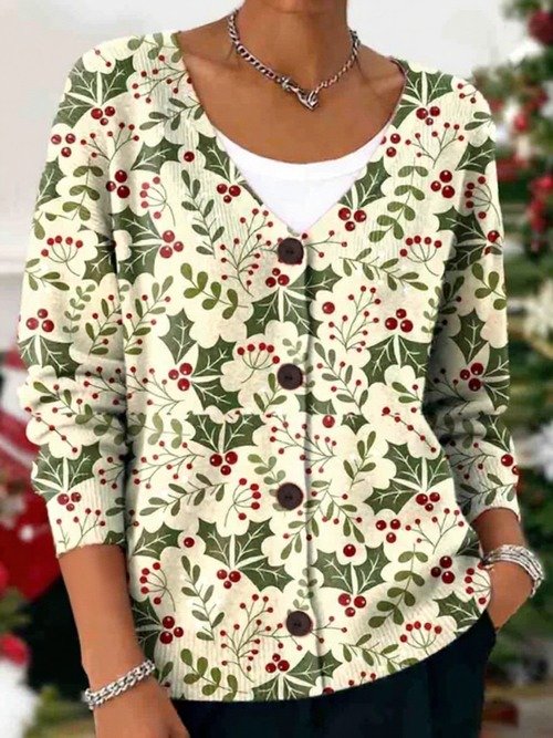 Women's Christmas Floral Print Casual Long Sleeve V-Neck Knitted Button Cardigan