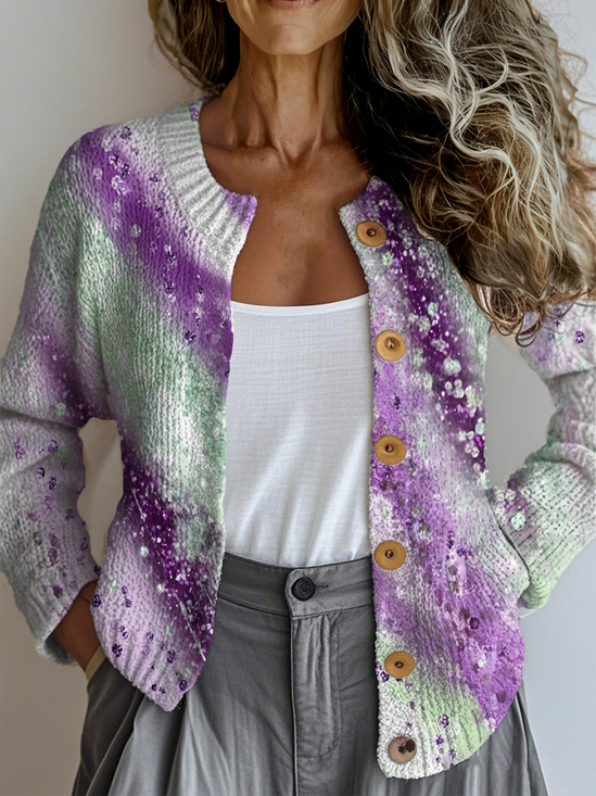 Crew Neck Peasant Gradient Pattern Cardigan
