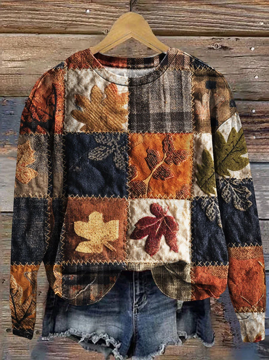 Casual Maple Leaf Crew Neck Sweatshirt